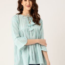 Cottinfab Women Sea Green & White Tie-Up Neck Striped A-Line Pure Cotton Top-picture-57