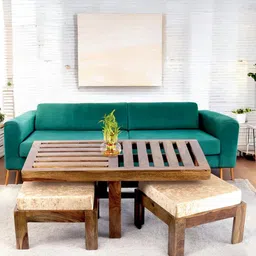 Ikiriya Coffee Brown Textured Wooden Teak Finish Coffee Table With Stool and Cushions-image-45