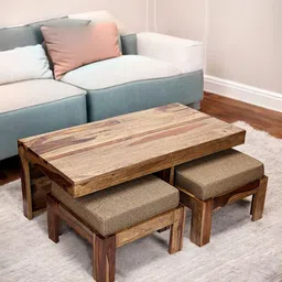 Ikiriya Coffee Brown Wooden Teak Finish Rectangle Coffee Table With Stool and Cushions-image-76