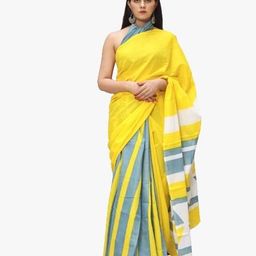 KIAARON Striped Pure Cotton Half and Half Block Print Saree-6