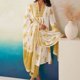 Indo Era Women Floral Printed Pleated Beads and Stones Pure Cotton Kurta with Trousers & With Dupatta-picture-23