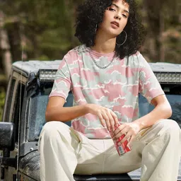 Roadster Women Pink  Green Camouflage Print Round Neck Pure Cotton T-shirt-image-34