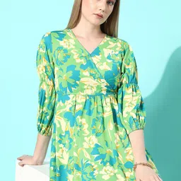 her by invictus Bright Green Floral Print Once Upon A Sleeve Dress-49