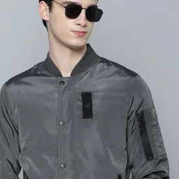 Flying Machine Men Solid Bomber Jacket With Button & Applique Detail-2
