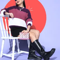 Berrylush Women Charming Purple Colourblocked Knits Bits Sweater-image-15