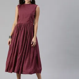 Ethnovog Women Burgundy Solid Made to Measure A-Line Dress with Gather Details-image-91
