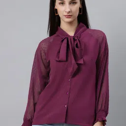 plusS Purple Tie-Up Neck Shirt Style Top with Sheer Dobby Weave Sleeves-image-46