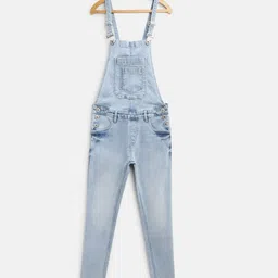 UTH by Roadster Girls Blue Washed Stretchable Denim Dungarees with Oversized Pockets-image-67