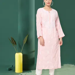 PARAMOUNT CHIKAN Women Peach-Coloured Ethnic Motifs Embroidered Chikankari Floral Kurta-picture-37