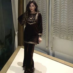 Shae by SASSAFRAS Women Brown & Golden Ethnic Motifs Embroidered Velvet Kurti-picture-20