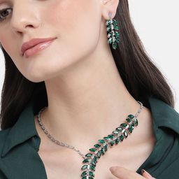Mansiyaorange Rhodium Plated Green Color Crystal AD Gemstone-Studded Jewelry Set-12