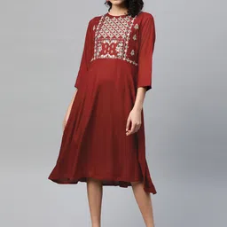 plusS Women Maroon Embroidered Pure Cotton Midi A-Line Dress with Mirror Work Detail-image-89