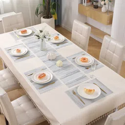 HOKIPO Blue & White 7 Pieces Striped Rectangle Table Linen Sets-19