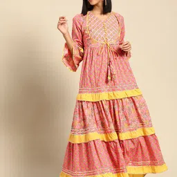 RANGMAYEE Pink & Yellow Floral Ethnic A-Line Cotton Maxi Dress-image-90