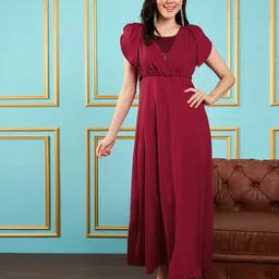 SASSAFRAS Maroon Flared Sleeves Sequinned Georgette Maxi Dress-image-16