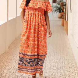 DressBerry Street Chic Meets Ethnic Prints Off-Shoulder Smoked Maxi Dress-image-69