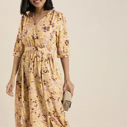 her by invictus Yellow & Purple Floral Print V- Neck Midi Dress-image-25