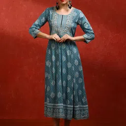 Jaipur Kurti Floral Embroidered Sequined Fit & Flare Midi Dress-picture-1