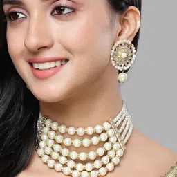 KARATCART Gold-Plated Kundan-Studded & Beaded Choker Necklace & Earrings-54