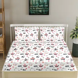 Trance Home Linen White 180 TC Cotton Fitted Double Queen Bedsheet & 2 Pillow Covers-image-70