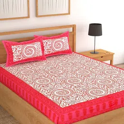 Lali Prints Pink & White Ethnic Motifs Cotton 130 TC Queen Bedsheet with 2 Pillow Covers-picture-11