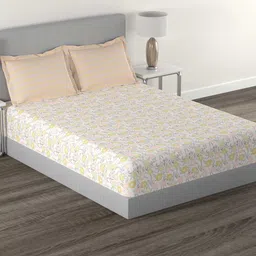 MYTRIDENT White & Peach Floral Printed Cotton 144 TC Queen Bedsheet with 2 Pillow Covers-27