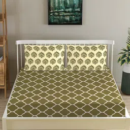 Trance Home Linen Green & Beige Ethnic Motifs 210 TC Queen Bedsheet with 2 Pillow Covers-image-47