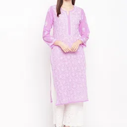 ADA Women Lavender & White Chikankari Hand Embroidered Semi-Sheer Straight Sustainable Handloom Kurta-image-63