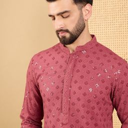 House of Pataudi Floral Embroidered Mandarin Collar Chikankari Straight Kurta-image-43