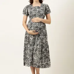Nejo Print Puff Sleeves Maternity A-Line Midi Dress With Tie-Up Detail-image-14