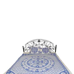Exotic India Blue & Off White Ethnic Motifs Cotton 300 TC Queen Bedsheet & 2 Pillow Covers-image-55