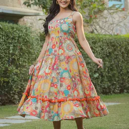 Rain & Rainbow Shoulder Strapped Floral Printed Fit and Flared Pure Cotton Midi Dress-picture-44