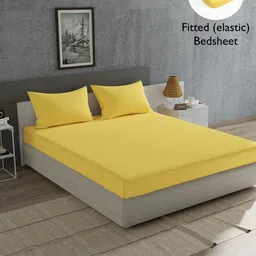 Home Ecstasy Mustard Solid Cotton 180 TC King Fitted Bedsheet With 2 Pillow Covers-image-121