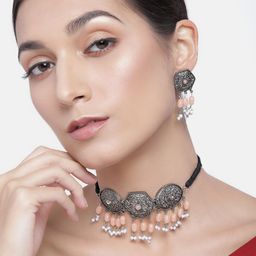 Kord Store Peach-Cloured Silver-Plated Oxidized Beaded Choker Jewellery Set-image-53