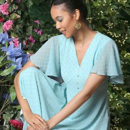 Zink London Blue Self Design V-Neck Flared Sleeve Fit & Flare Dress-picture-16