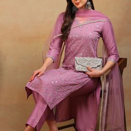 AHIKA Floral Embroidered Regular Sequinned Kurta With Trousers & Dupatta-12