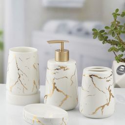 Kookee White & Gold Toned 4 Pieces Abstract Ceramic Bath Accessories Set-27