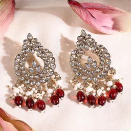 ADIVA Gold-Plated Royal Kundan Studded And Pearls Beaded Teardrop Shaped Chandbalis-19