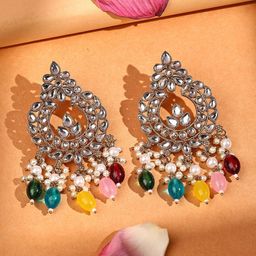 ADIVA Gold-Plated Royal Kundan Studded And Pearls Beaded Teardrop Shaped Chandbalis-27