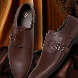 House of Pataudi Men Brown Solid Formal Monks with Buckle Detail-image-99