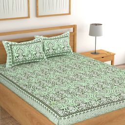 Lali Prints Green & White Ethnic Motifs Cotton 180 TC King Bedsheet with 2 Pillow Covers-image-31