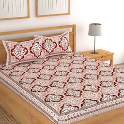 Lali Prints Peach & White Ethnic Motifs Cotton 180 TC King Bedsheet with 2 Pillow Covers-image-79