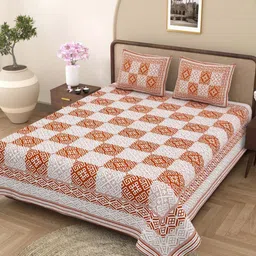 Plarsh Comfort White & Rust Floral Pure Cotton 180 TC King Bedsheet with 2 Pillow Covers-image-99