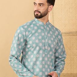 House of Pataudi Floral Embroidered Mandarin Collar Thread Work Straight Kurta-image-89