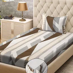 KLOTTHE Grey & Brown Geometric Printed 300TC Single Fitted Bedsheet With Pillow Cover-12