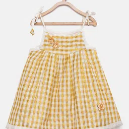 Kanakadara Girls Gold-Toned & White Checked Pattu Pavadai Fit and Flare Dress-3