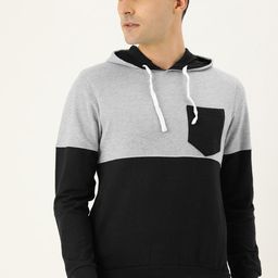 Campus Sutra Men Black & Grey Colourblocked Hooded Pullover Sweatshirt-image-107