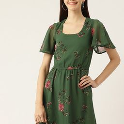 DressBerry Green Floral Print Square Neck Gathered Georgette Fit & Flare Midi Dress-image-53