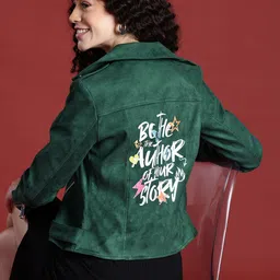 Leather Retail Women Typography Printed Suede Lightweight Biker Jacket-image-72