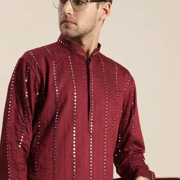 SHRESTHA BY VASTRAMAY Men Maroon Embroidered Mirror Work Kurta with Churidar-15